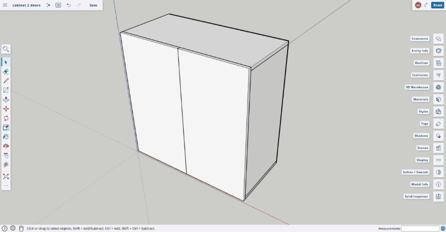 أنيميشن من SketchUp يوضح فتح بابي وحدة التخزين وظهور الرف الداخلي
