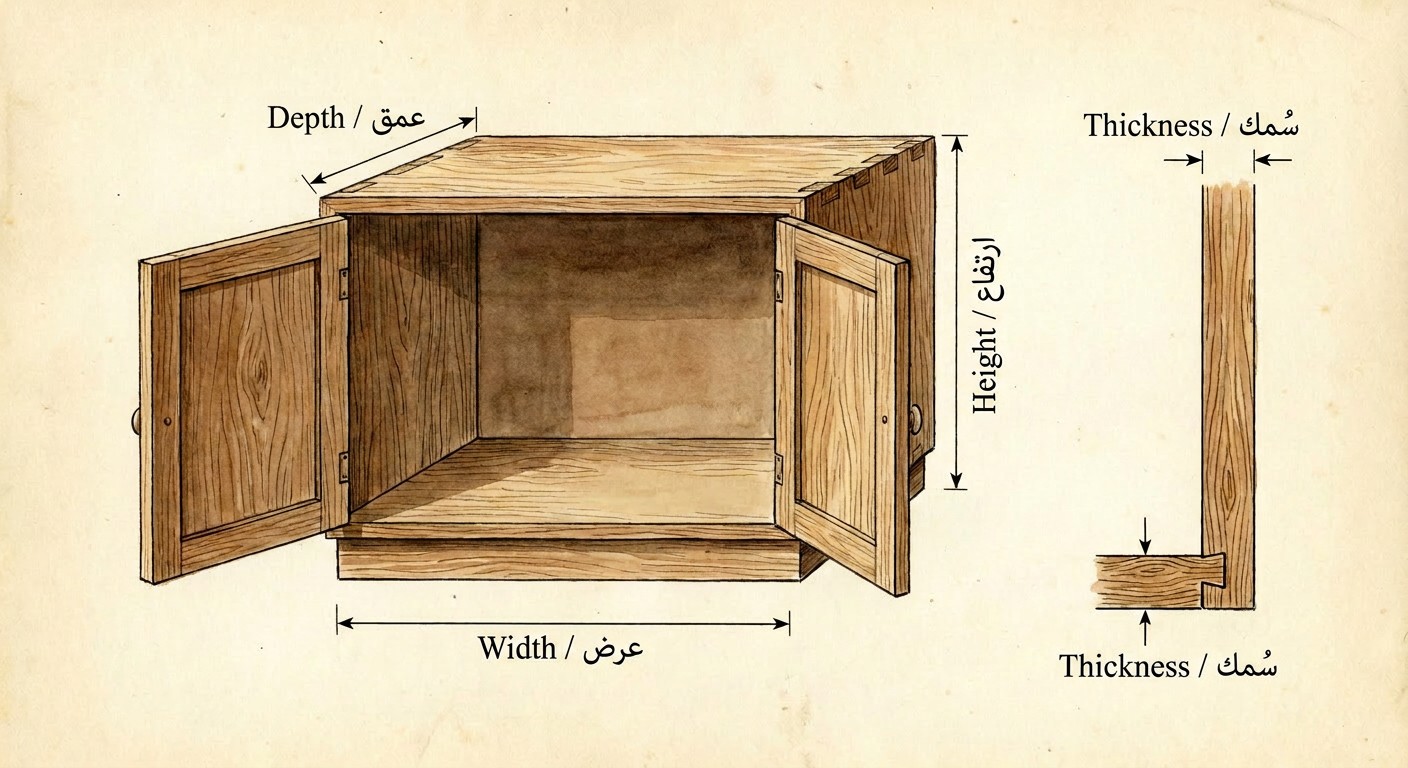 رسم يوضح الفرق بين الطول والعرض والسمك والارتفاع في قطعة أثاث